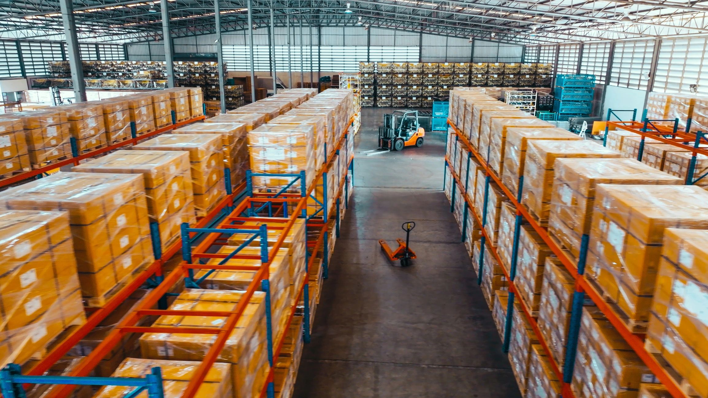 Warehouse shelves with packaged freight and inventory