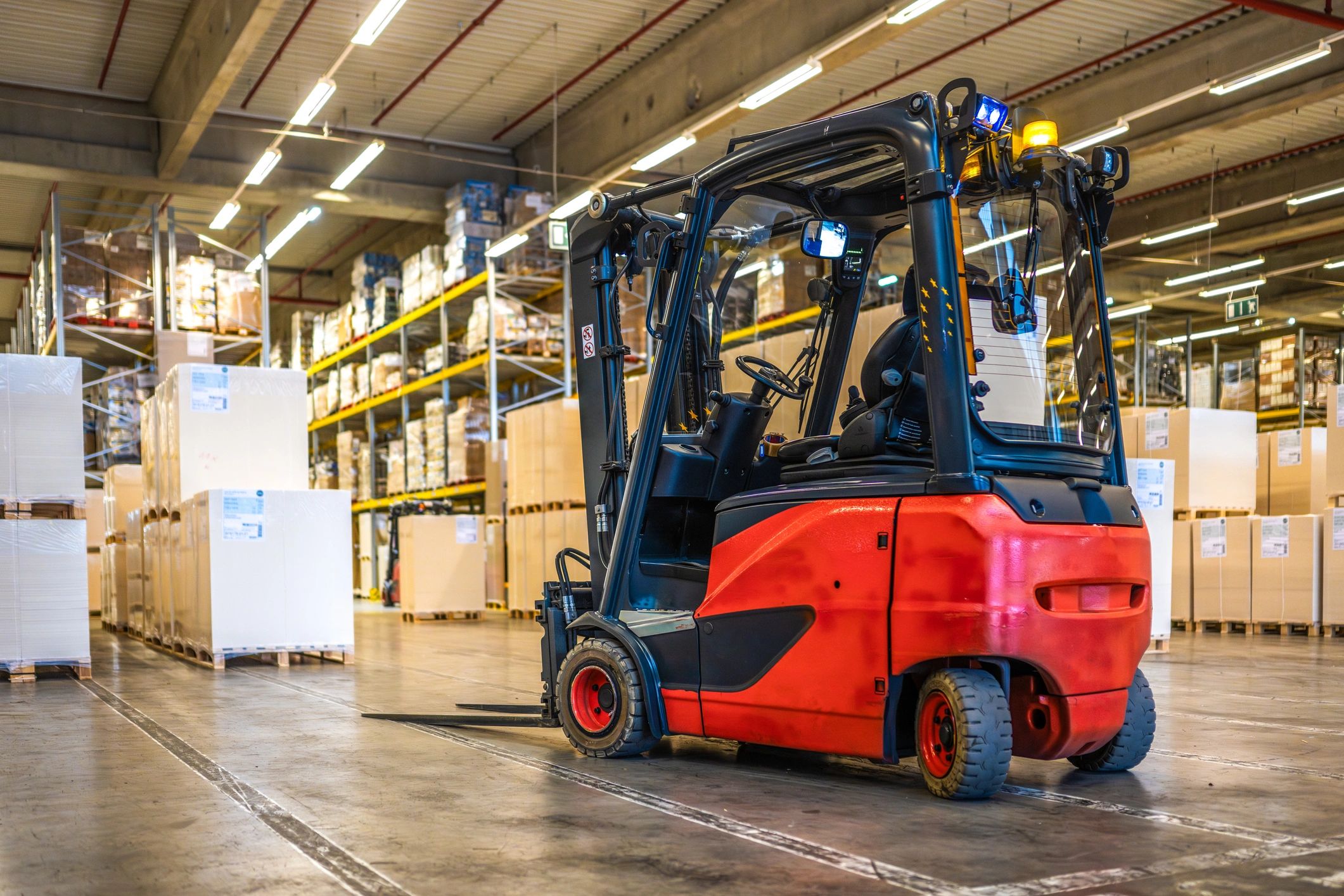 Forklift in a distribution warehouse