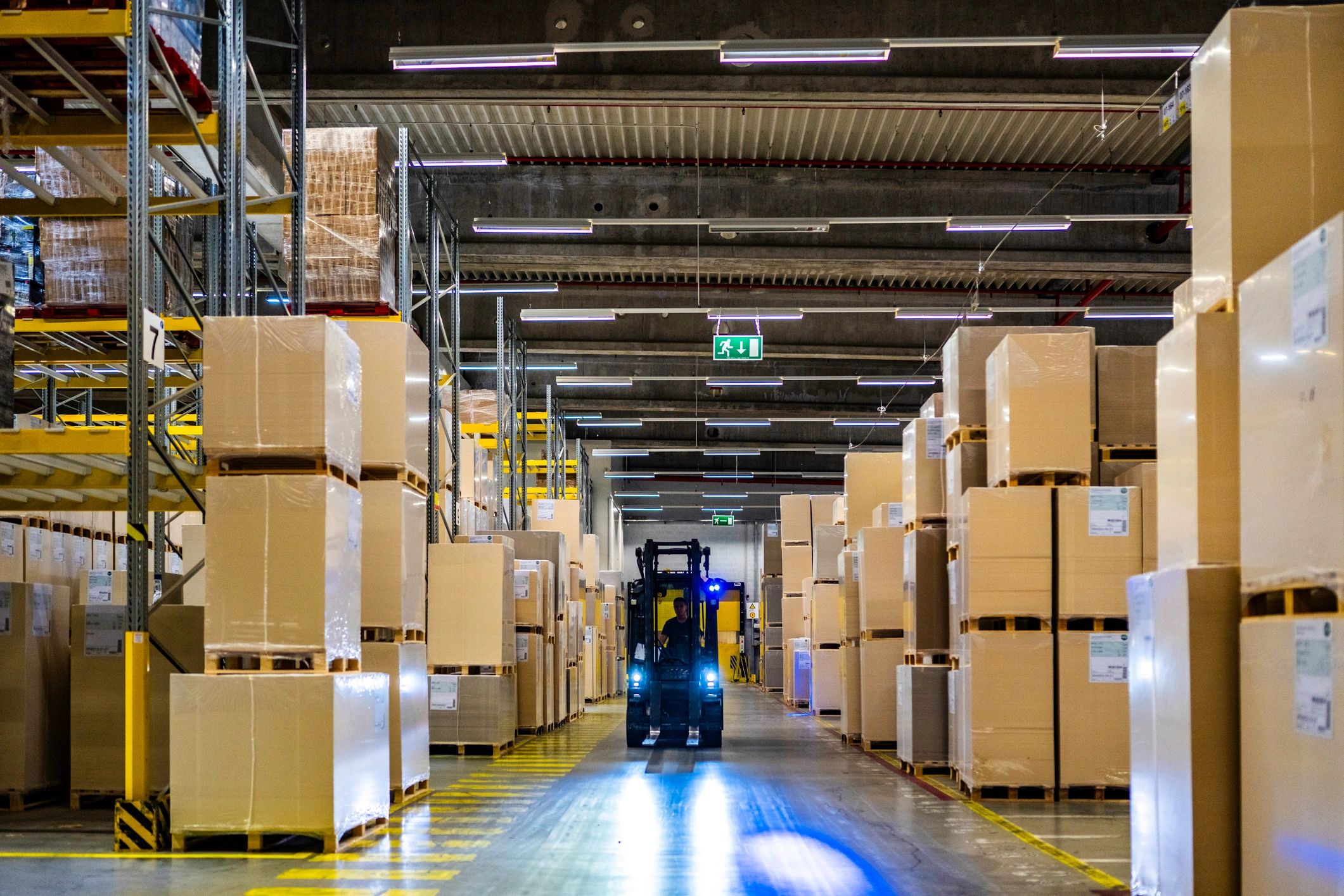 Forklift operating in a commercial warehouse